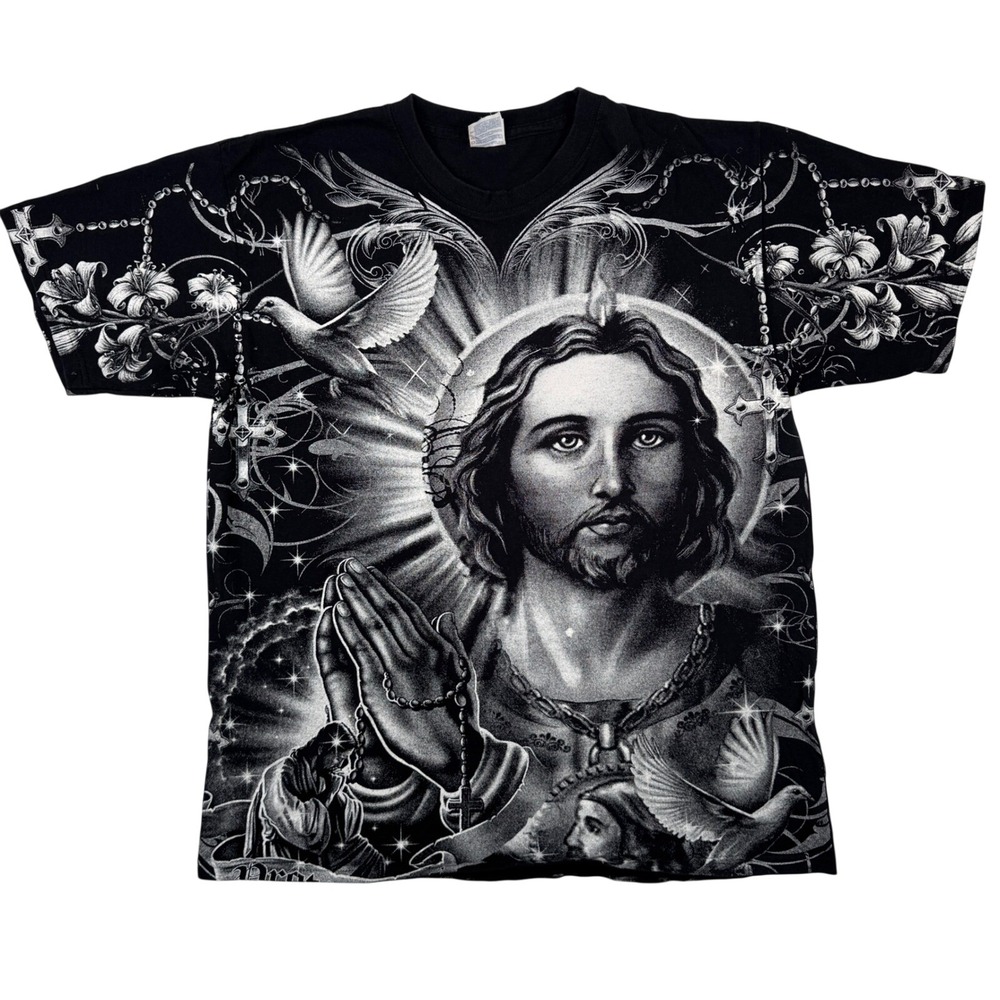 Jesus all over print tee black Shirt Christian graphic shirt Sz Large AOP